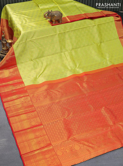 Pure kanjivaram silk saree light green and red with allover zari woven brocade weaves and zari woven border - {{ collection.title }} by Prashanti Sarees