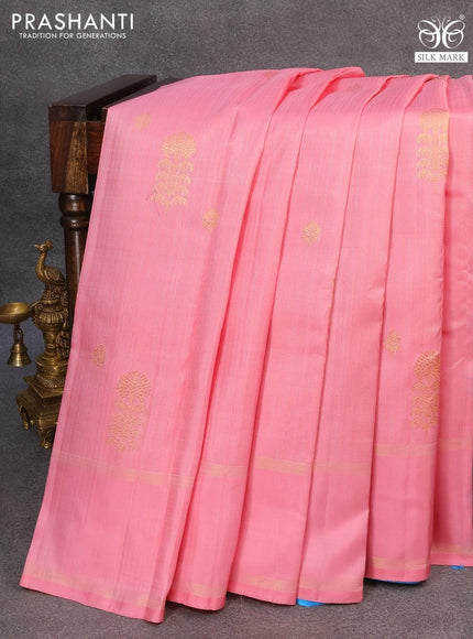 Pure kanjivaram silk saree light pink and cs blue with allover silver & gold zari stripe weaves & buttas and rettapet zari woven border - {{ collection.title }} by Prashanti Sarees