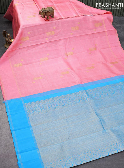 Pure kanjivaram silk saree light pink and cs blue with allover silver & gold zari stripe weaves & buttas and rettapet zari woven border - {{ collection.title }} by Prashanti Sarees