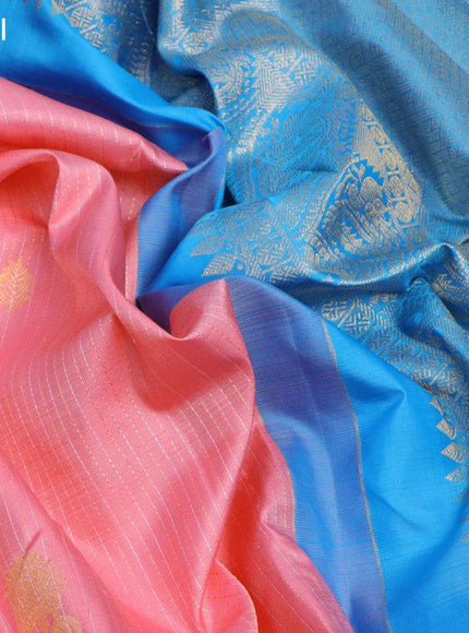 Pure kanjivaram silk saree light pink and cs blue with allover silver & gold zari stripe weaves & buttas and rettapet zari woven border - {{ collection.title }} by Prashanti Sarees