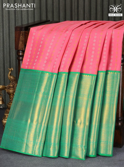 Pure kanjivaram silk saree light pink and green shade with silver & gold zari woven butta weaves and long zari woven border - {{ collection.title }} by Prashanti Sarees