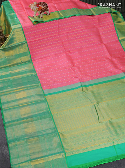 Pure kanjivaram silk saree light pink and green shade with silver & gold zari woven butta weaves and long zari woven border - {{ collection.title }} by Prashanti Sarees