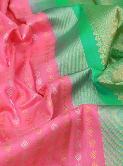 Pure kanjivaram silk saree light pink and green shade with silver & gold zari woven butta weaves and long zari woven border - {{ collection.title }} by Prashanti Sarees