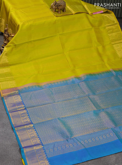 Pure kanjivaram silk saree lime green and dual shade of bluish green with allover zari weaves and temple zari woven border - {{ collection.title }} by Prashanti Sarees