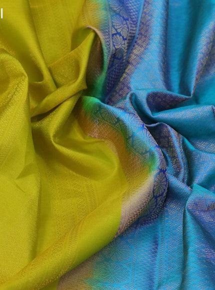 Pure kanjivaram silk saree lime green and dual shade of bluish green with allover zari weaves and temple zari woven border - {{ collection.title }} by Prashanti Sarees