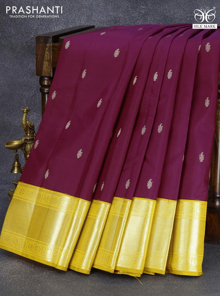 Pure kanjivaram silk saree magenta pink and yellow with silver zari woven buttas and silver zari woven border - {{ collection.title }} by Prashanti Sarees