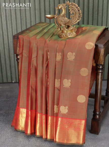 Pure kanjivaram silk saree manthulir green and red with allover zari weave annam & rudhraksha buttas and annam zari woven border - {{ collection.title }} by Prashanti Sarees