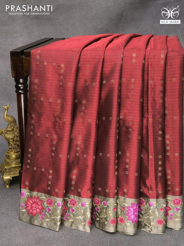 Pure kanjivaram silk saree maroon and grey with allover zari weaves and floral design embroidery cut work border - {{ collection.title }} by Prashanti Sarees