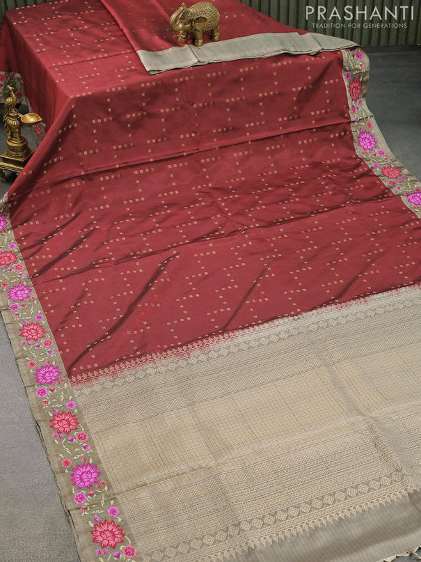 Pure kanjivaram silk saree maroon and grey with allover zari weaves and floral design embroidery cut work border - {{ collection.title }} by Prashanti Sarees