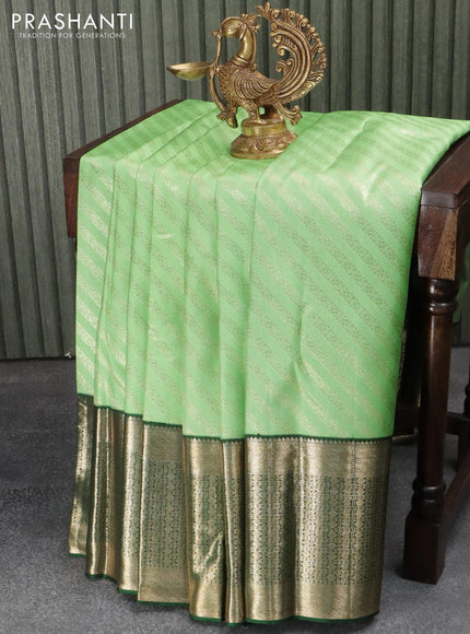 Pure kanjivaram silk saree pastel green and dark green with allover zari woven stripes pattern and long zari woven border - {{ collection.title }} by Prashanti Sarees