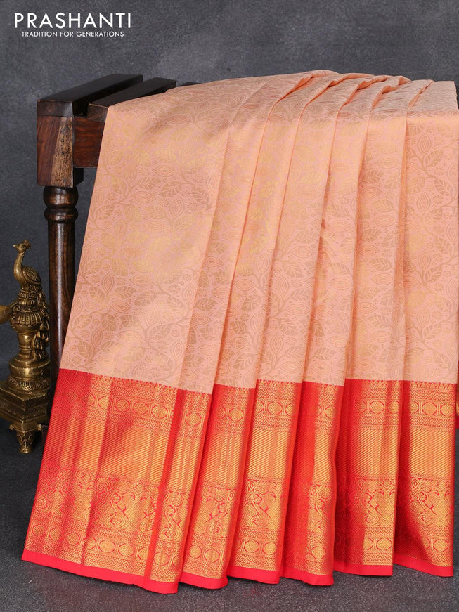 Pure kanjivaram silk saree pastel peach and red with allover zari woven leaf design brocade weaves and long zari woven border - {{ collection.title }} by Prashanti Sarees