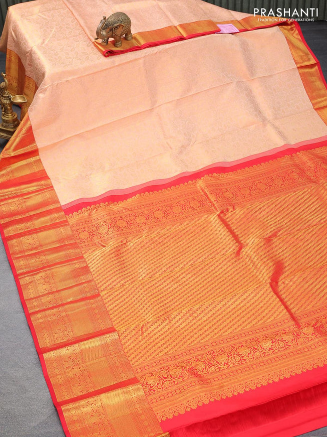 Pure kanjivaram silk saree pastel peach and red with allover zari woven leaf design brocade weaves and long zari woven border - {{ collection.title }} by Prashanti Sarees