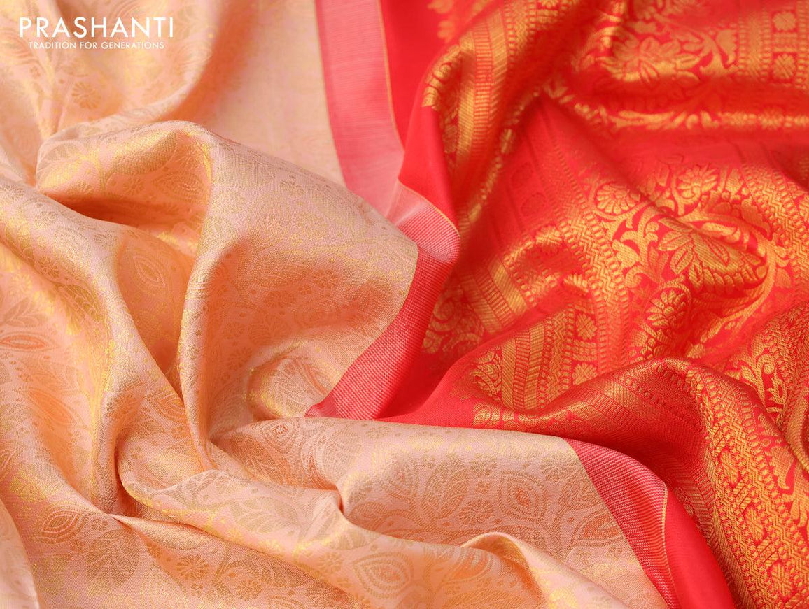 Pure kanjivaram silk saree pastel peach and red with allover zari woven leaf design brocade weaves and long zari woven border - {{ collection.title }} by Prashanti Sarees