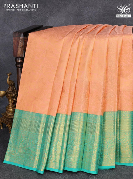 Pure kanjivaram silk saree peach orange and teal green with allover zari woven brocade weaves and long zari woven border - {{ collection.title }} by Prashanti Sarees