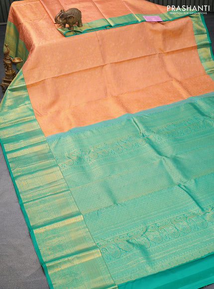 Pure kanjivaram silk saree peach orange and teal green with allover zari woven brocade weaves and long zari woven border - {{ collection.title }} by Prashanti Sarees