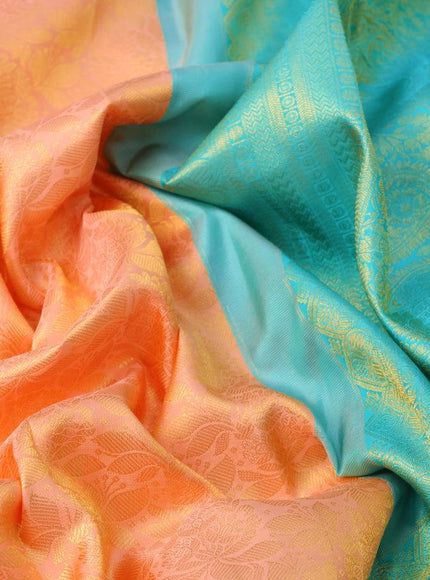 Pure kanjivaram silk saree peach orange and teal green with allover zari woven brocade weaves and long zari woven border - {{ collection.title }} by Prashanti Sarees