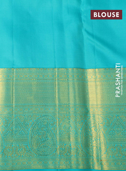 Pure kanjivaram silk saree peach orange and teal green with allover zari woven brocade weaves and long zari woven border - {{ collection.title }} by Prashanti Sarees