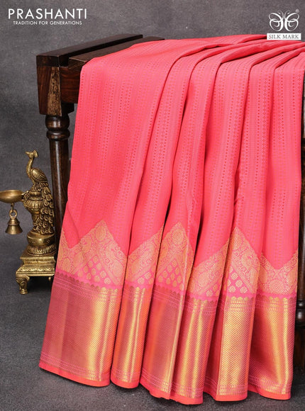 Pure kanjivaram silk saree peach pink with allover self emboss and long zari woven border Self emboss - {{ collection.title }} by Prashanti Sarees