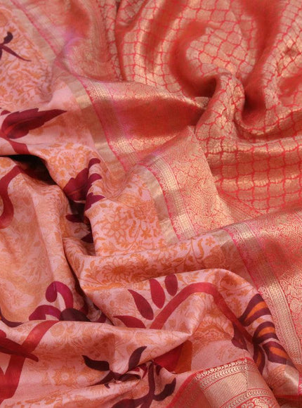 Pure kanjivaram silk saree peach shade and red with allover digital prints and long zari woven border - {{ collection.title }} by Prashanti Sarees