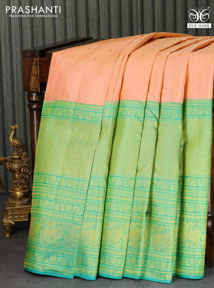 Pure kanjivaram silk saree peach shade and teal blue shade with allover zari woven buttas and long rich zari woven border - {{ collection.title }} by Prashanti Sarees