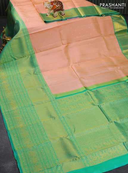 Pure kanjivaram silk saree peach shade and teal blue shade with allover zari woven buttas and long rich zari woven border - {{ collection.title }} by Prashanti Sarees