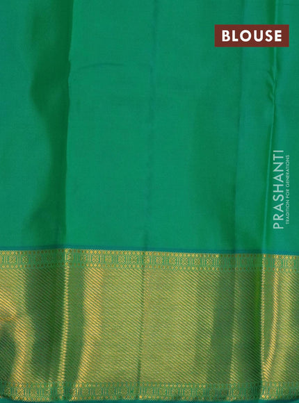 Pure kanjivaram silk saree peach shade and teal blue shade with allover zari woven buttas and long rich zari woven border - {{ collection.title }} by Prashanti Sarees