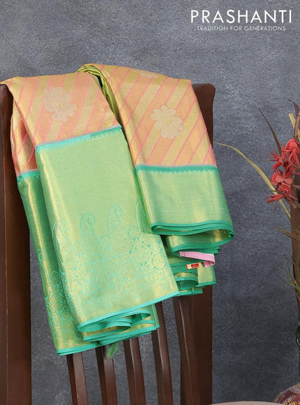 Pure Kanjivaram silk saree pink and blue with allover golden zari weaves and rich zari border - {{ collection.title }} by Prashanti Sarees