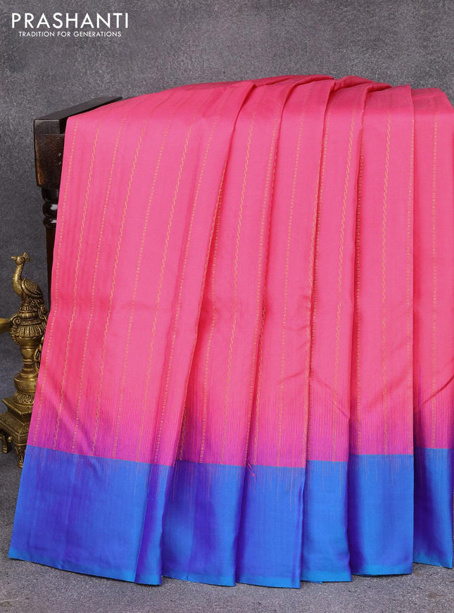 Pure kanjivaram silk saree pink and cs blue with allover zari weaves and simple border - {{ collection.title }} by Prashanti Sarees