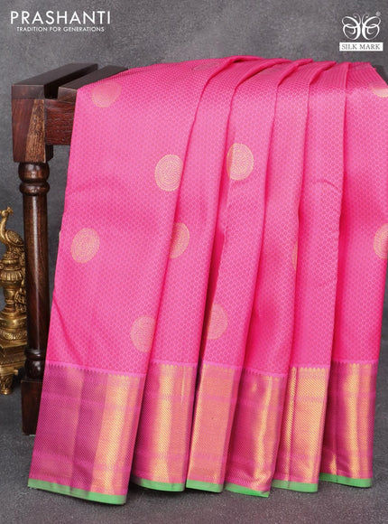 Pure kanjivaram silk saree pink and green with allover self emboss & zari buttas and zari woven border - {{ collection.title }} by Prashanti Sarees