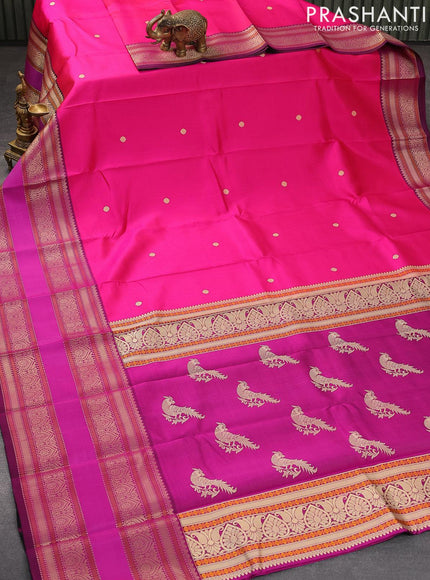 Pure kanjivaram silk saree pink and purple with thread woven buttas and long thread woven border zero zari - {{ collection.title }} by Prashanti Sarees