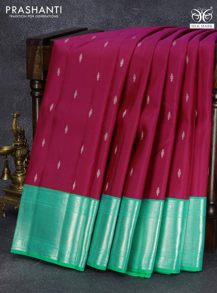 Pure kanjivaram silk saree pink and teal green with allover silver zari woven buttas and silver zari woven border - {{ collection.title }} by Prashanti Sarees