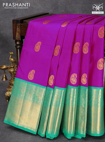 Pure Kanjivaram silk saree pink and teal green with zari woven paisley buttas and rich zari woven border - {{ collection.title }} by Prashanti Sarees