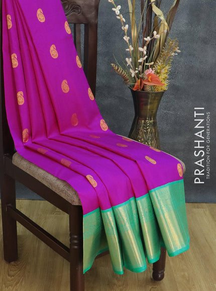 Pure Kanjivaram silk saree pink and teal green with zari woven paisley buttas and rich zari woven border - {{ collection.title }} by Prashanti Sarees