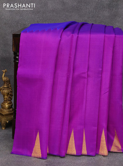 Pure kanjivaram silk saree purple and blue with plain body and temple design zari woven rising border - {{ collection.title }} by Prashanti Sarees