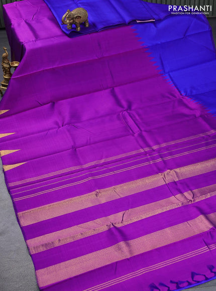 Pure kanjivaram silk saree purple and blue with plain body and temple design zari woven rising border - {{ collection.title }} by Prashanti Sarees