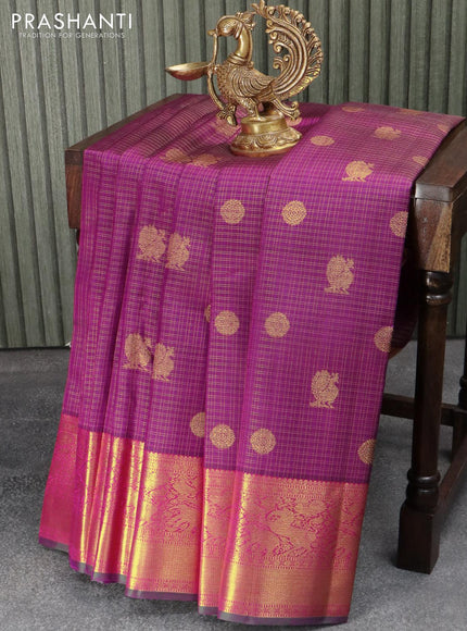 Pure kanjivaram silk saree purple and dual shade of green with allover small zari checked pattern & buttas and rich zari woven border - {{ collection.title }} by Prashanti Sarees