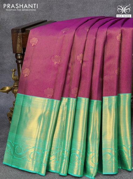 Pure kanjivaram silk saree purple and teal blue with allover vairaosi pattern & zari buttas and long zari woven border - {{ collection.title }} by Prashanti Sarees