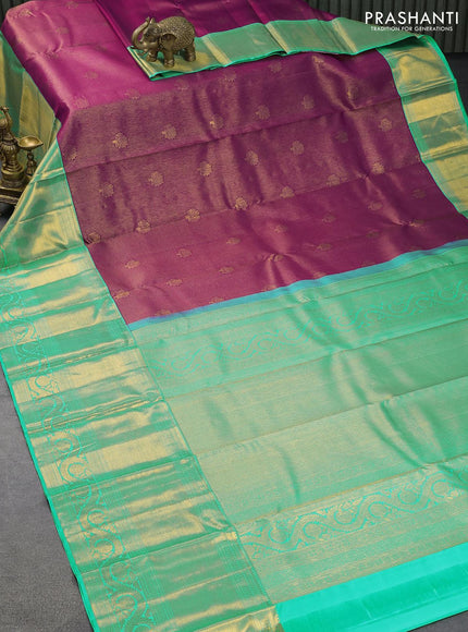 Pure kanjivaram silk saree purple and teal blue with allover vairaosi pattern & zari buttas and long zari woven border - {{ collection.title }} by Prashanti Sarees