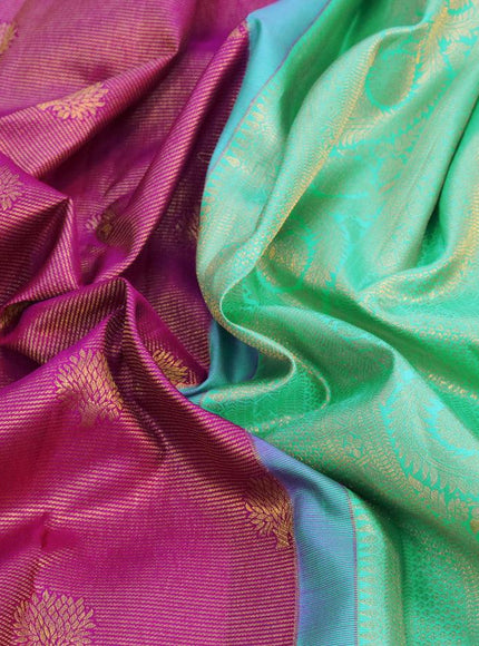 Pure kanjivaram silk saree purple and teal blue with allover vairaosi pattern & zari buttas and long zari woven border - {{ collection.title }} by Prashanti Sarees