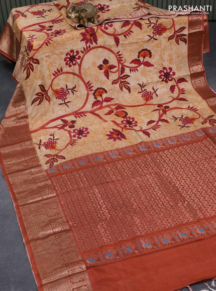 Pure kanjivaram silk saree sandal and rust shade with allover floral digital prints and annam zari woven border - {{ collection.title }} by Prashanti Sarees