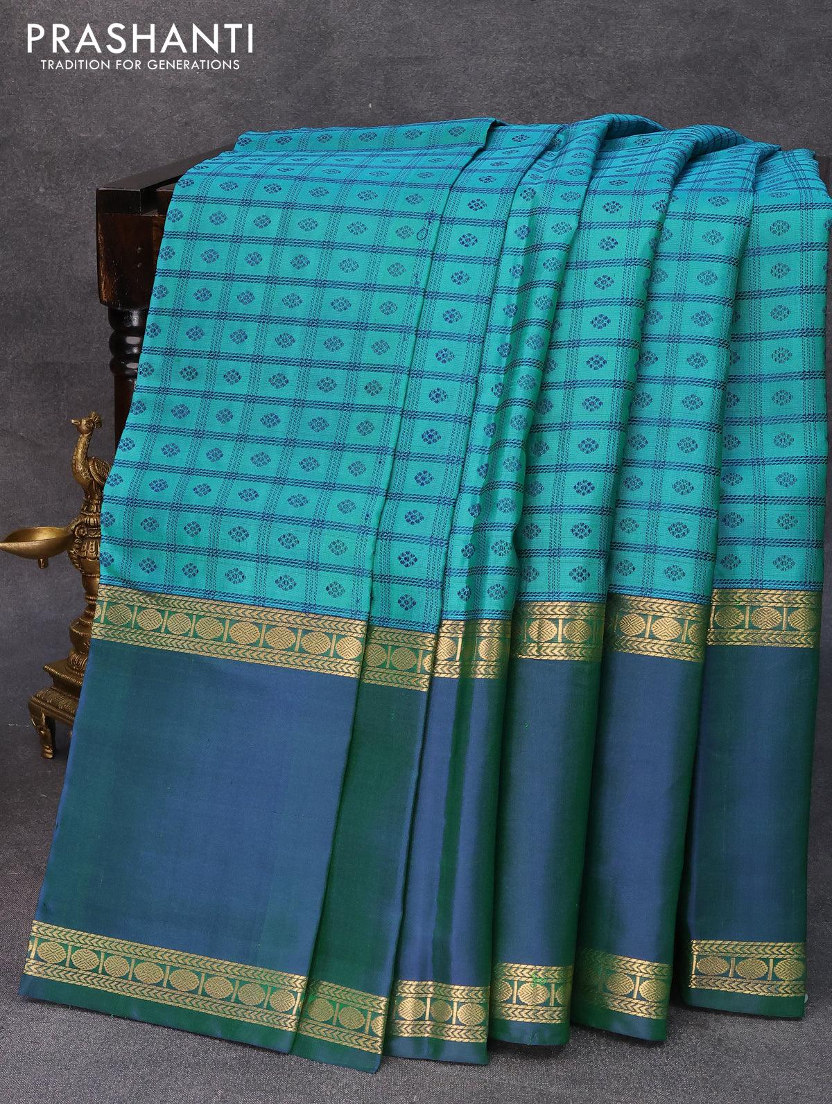 Pastel Green Kanjivaram Silk Saree With Checks Pattern | Singhania's