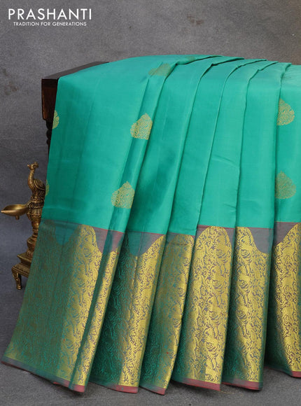 Pure kanjivaram silk saree teal blue and dual shade of maroon with zari woven buttas and rich zari woven border - {{ collection.title }} by Prashanti Sarees