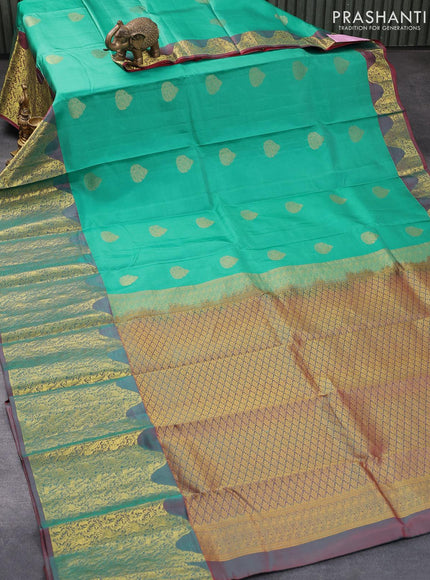 Pure kanjivaram silk saree teal blue and dual shade of maroon with zari woven buttas and rich zari woven border - {{ collection.title }} by Prashanti Sarees