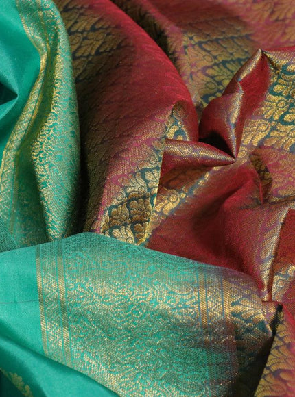 Pure kanjivaram silk saree teal blue and dual shade of maroon with zari woven buttas and rich zari woven border - {{ collection.title }} by Prashanti Sarees