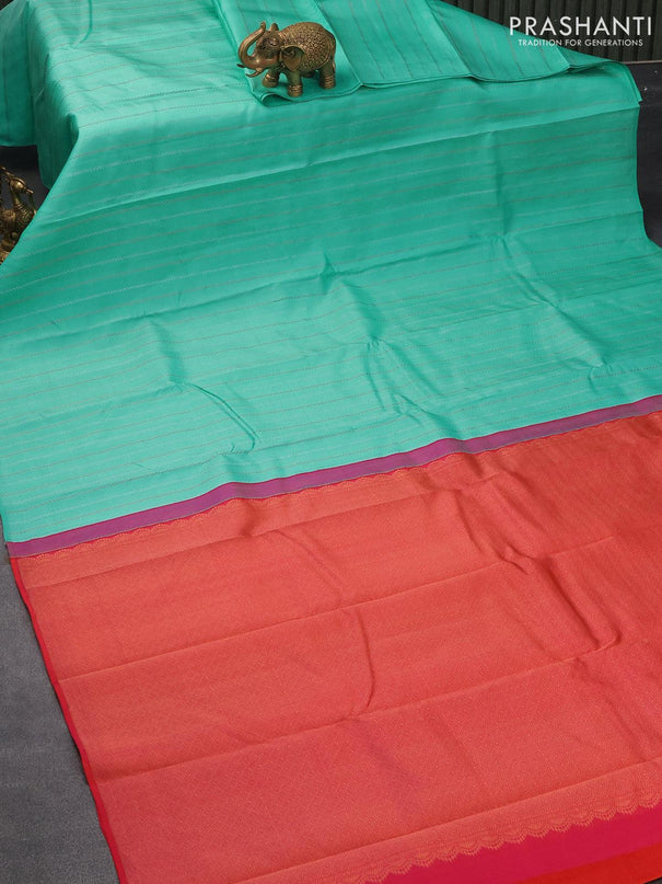 Pure kanjivaram silk saree teal blue and dual shade of pinkish orange with allover silver & copper zari weaves in borderless style - {{ collection.title }} by Prashanti Sarees