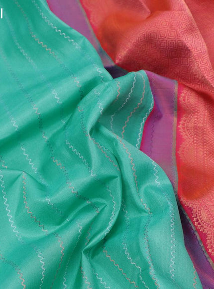 Pure kanjivaram silk saree teal blue and dual shade of pinkish orange with allover silver & copper zari weaves in borderless style - {{ collection.title }} by Prashanti Sarees