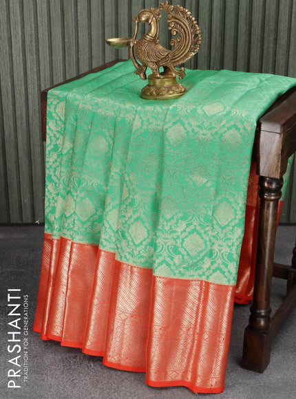 Pure kanjivaram silk saree teal green and orange with allover zari woven brocade weaves and zari woven border - {{ collection.title }} by Prashanti Sarees