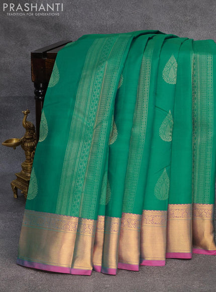 Pure kanjivaram silk saree teal green and pink with allover zari weaves and zari woven border - {{ collection.title }} by Prashanti Sarees