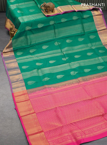 Pure kanjivaram silk saree teal green and pink with allover zari weaves and zari woven border - {{ collection.title }} by Prashanti Sarees