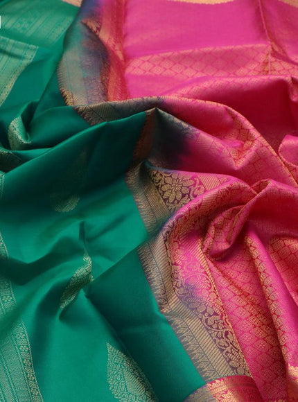 Pure kanjivaram silk saree teal green and pink with allover zari weaves and zari woven border - {{ collection.title }} by Prashanti Sarees